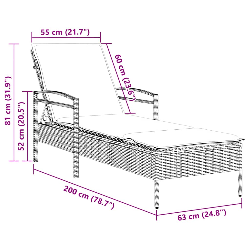 liggestol med hynde grå 63x200x81 cm polyrattan
