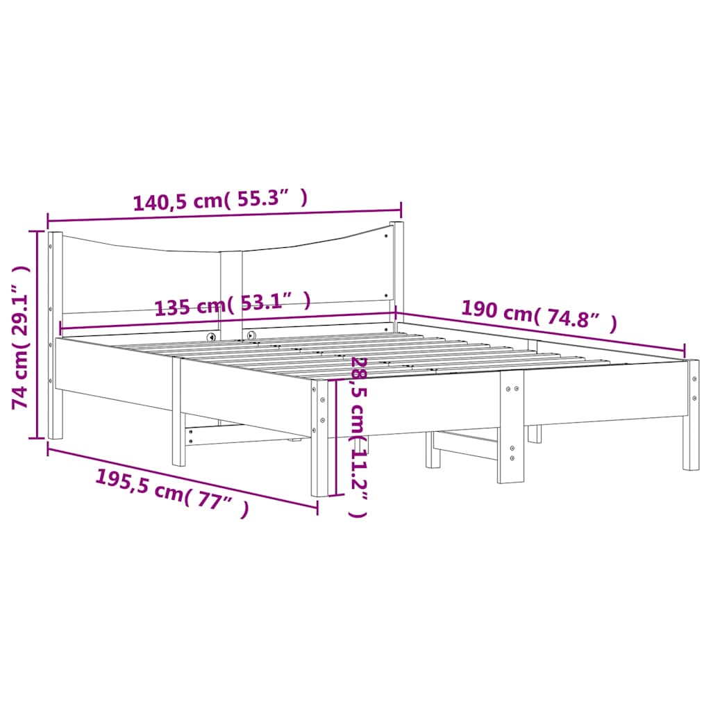 sengeramme uden madras 135x190 cm massivt fyrretræ hvid