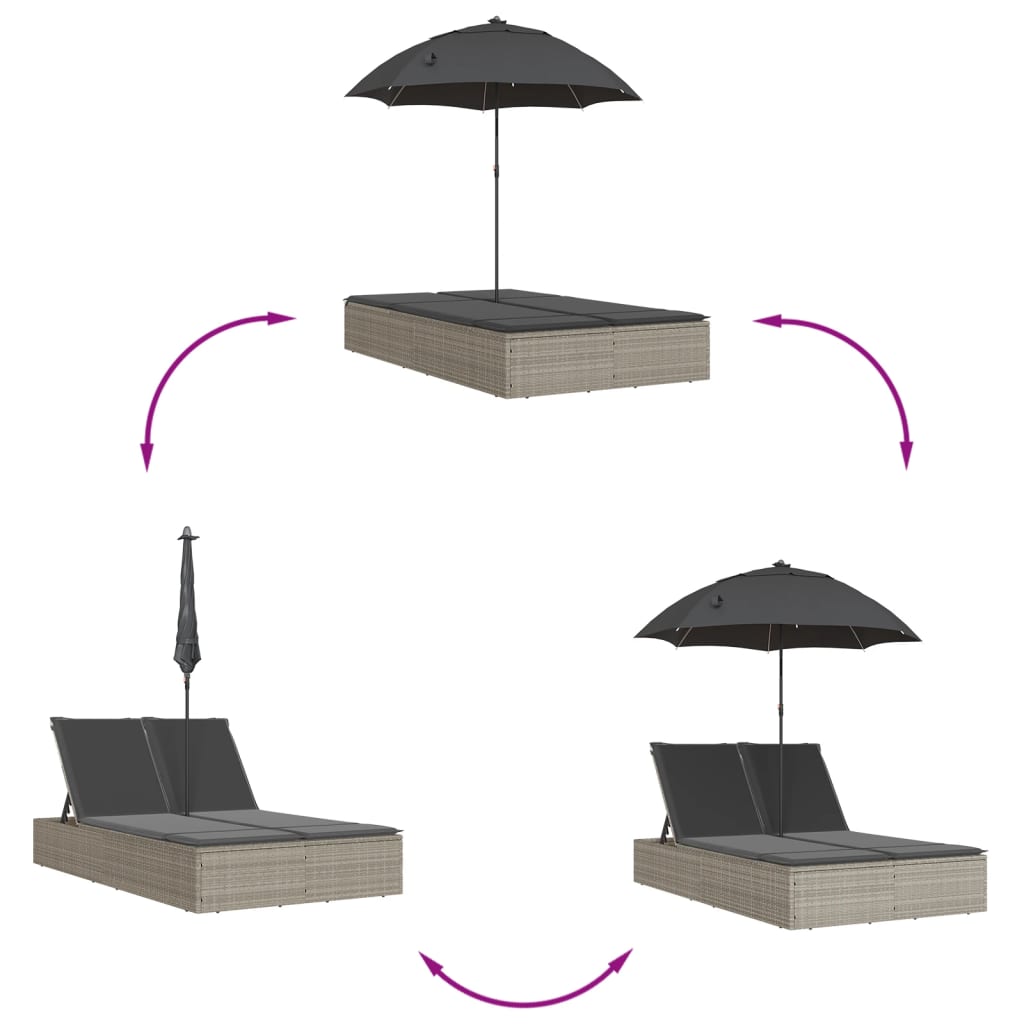 dobbelt loungesofa med hynder og parasol polyrattan lysegrå