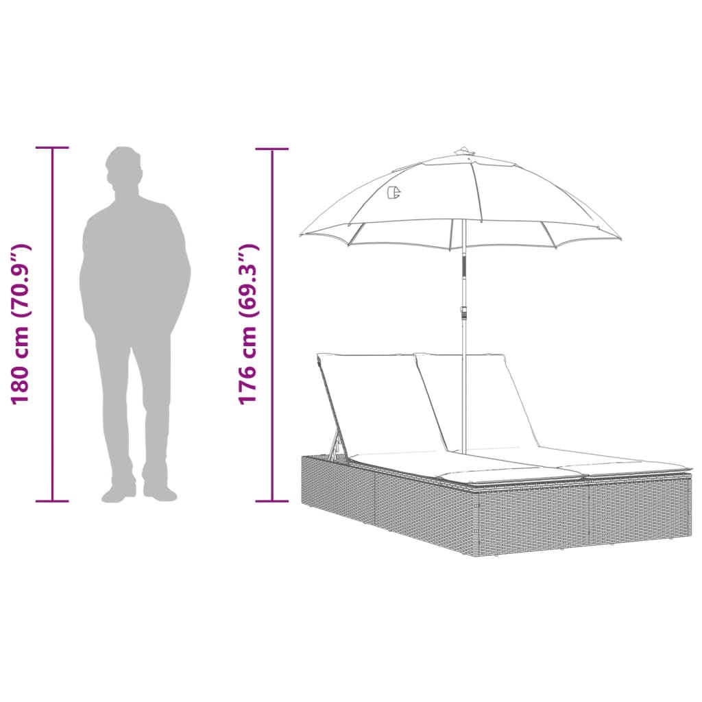 dobbelt loungesofa med hynder og parasol polyrattan lysegrå