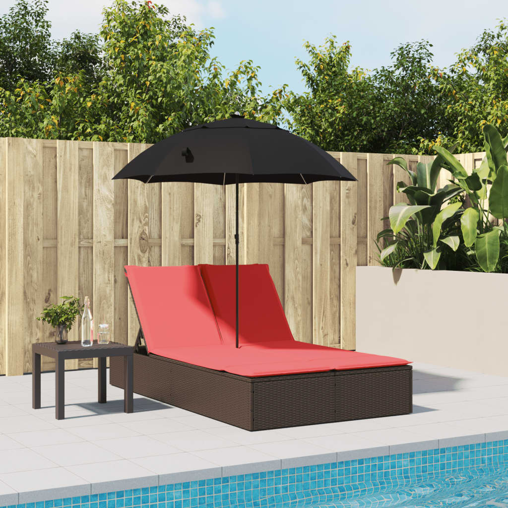 dobbelt loungesofa med hynder og parasol polyrattan brun