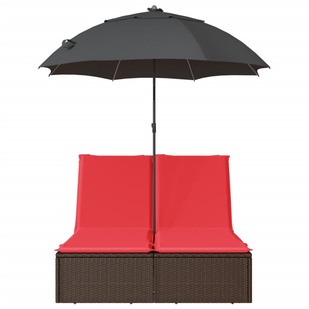 dobbelt loungesofa med hynder og parasol polyrattan brun