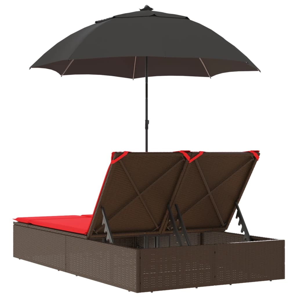 dobbelt loungesofa med hynder og parasol polyrattan brun