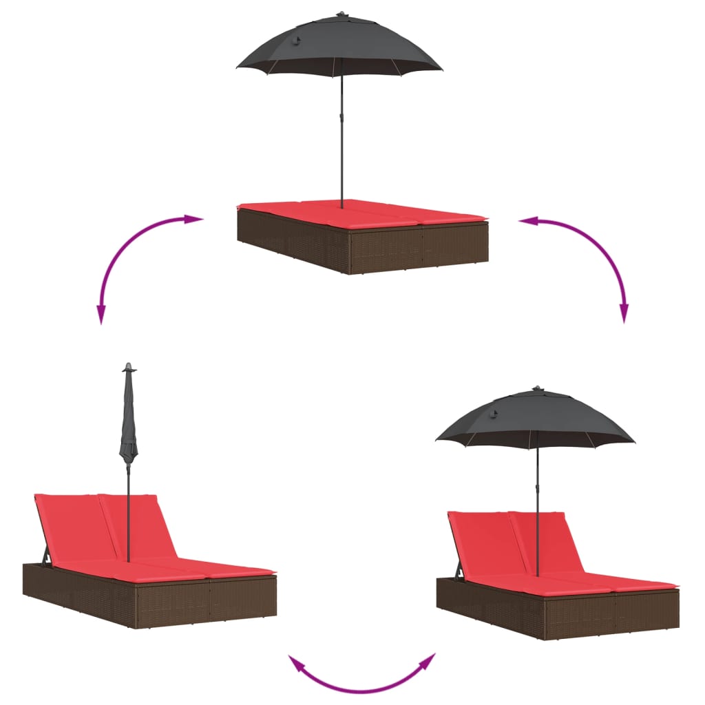 dobbelt loungesofa med hynder og parasol polyrattan brun