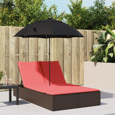 dobbelt loungesofa med hynder og parasol polyrattan brun