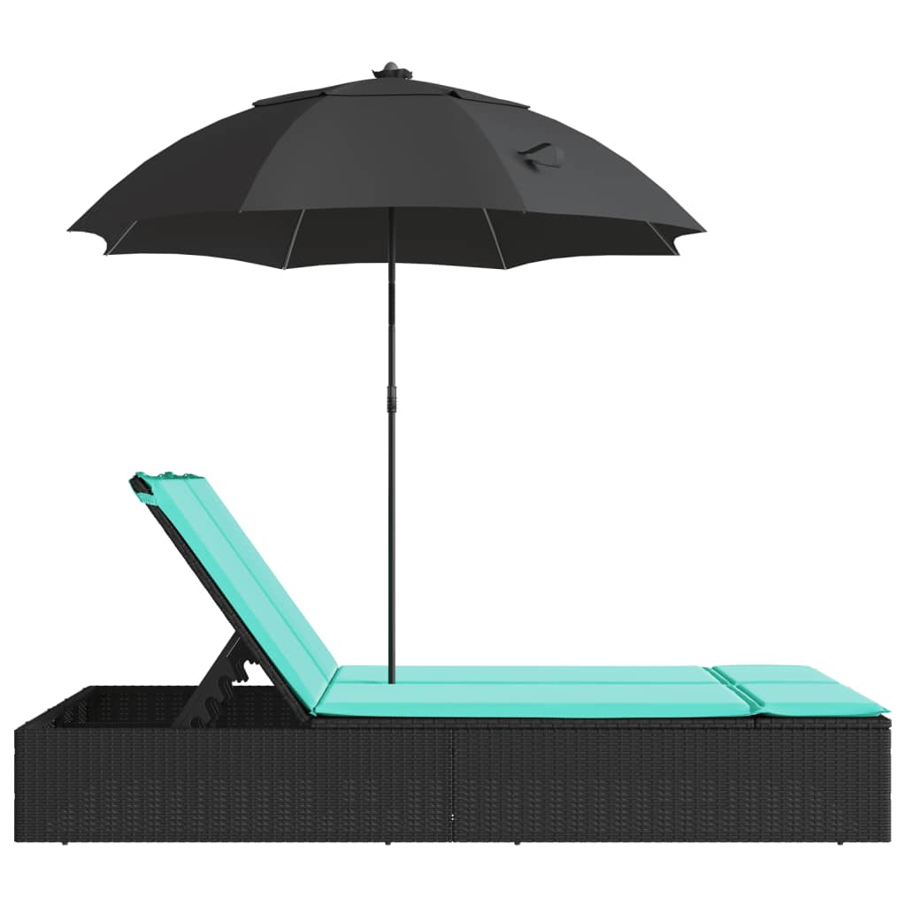dobbelt loungesofa med hynder og parasol polyrattan sort