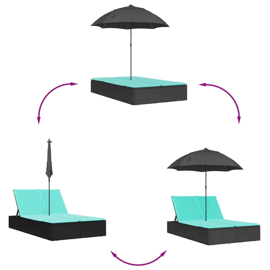 dobbelt loungesofa med hynder og parasol polyrattan sort