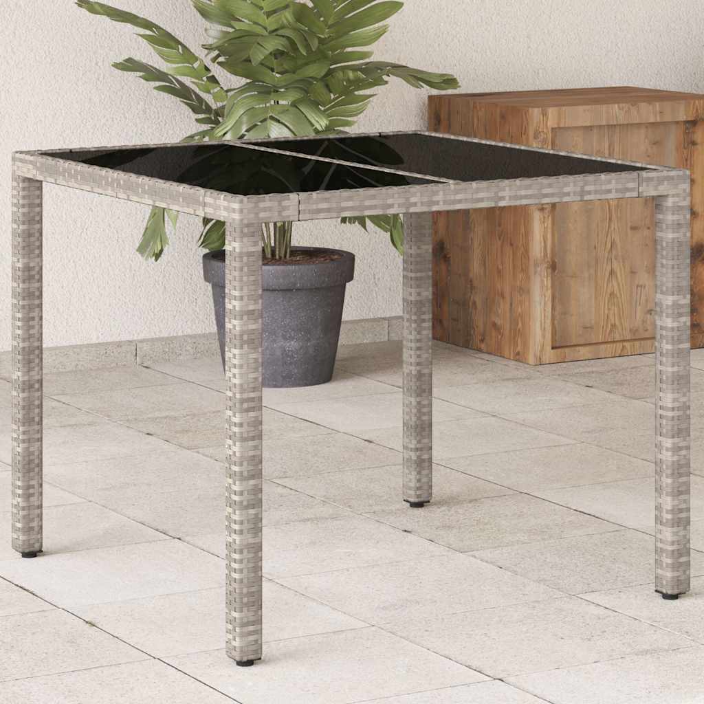 havebord med glastop 90x90x75 cm polyrattan lysegrå