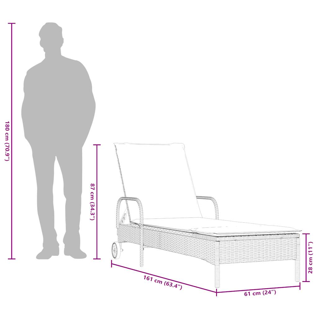 liggestol med hjul og hynder grå polyrattan