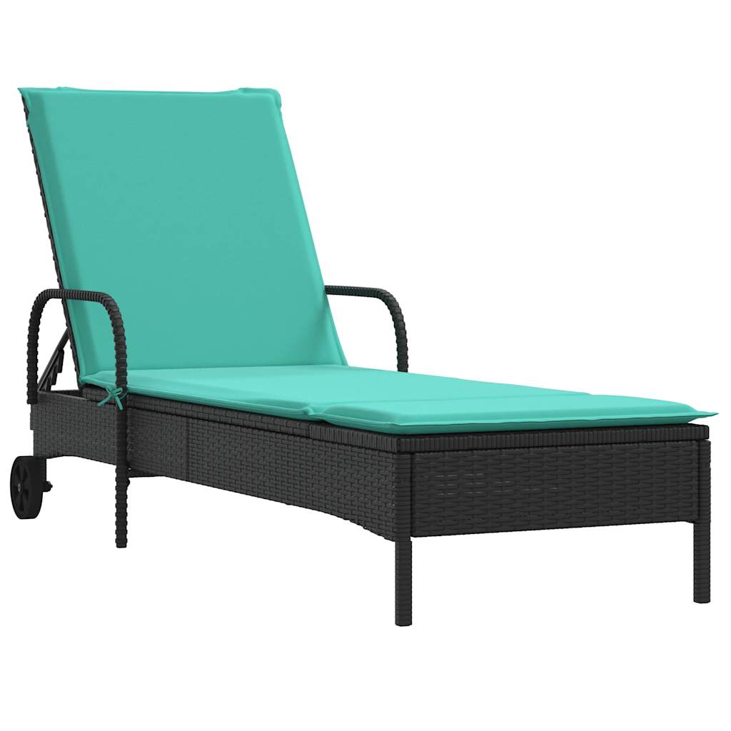 liggestol med hjul og hynder sort polyrattan