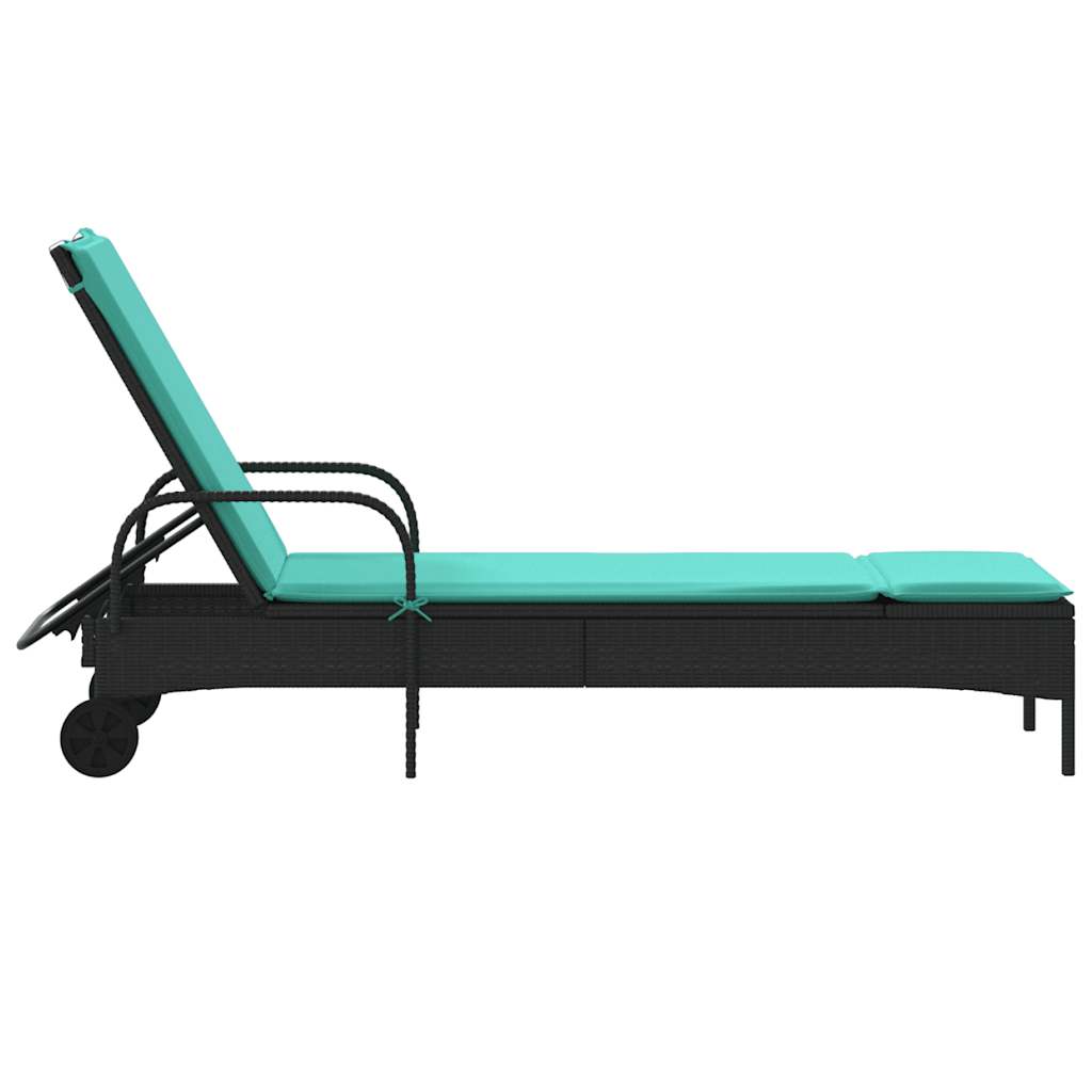 liggestol med hjul og hynder sort polyrattan