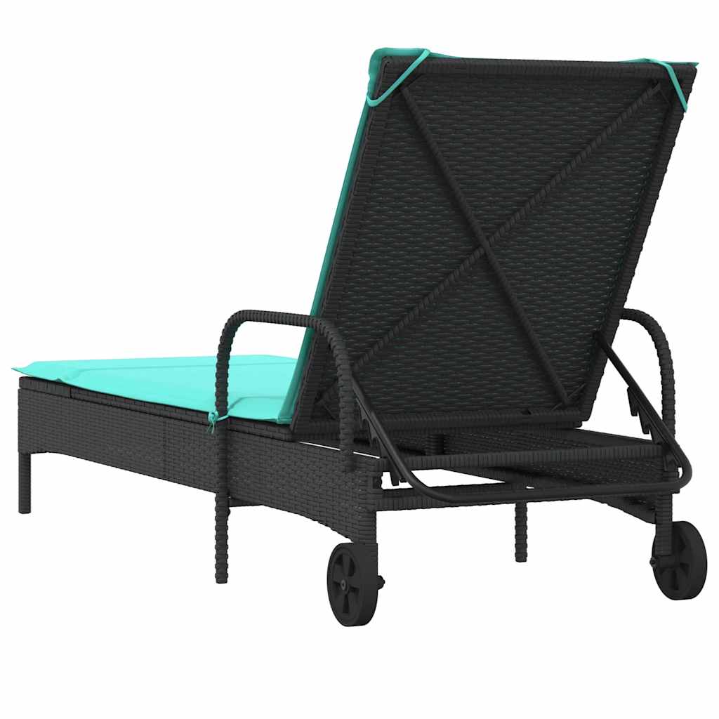 liggestol med hjul og hynder sort polyrattan