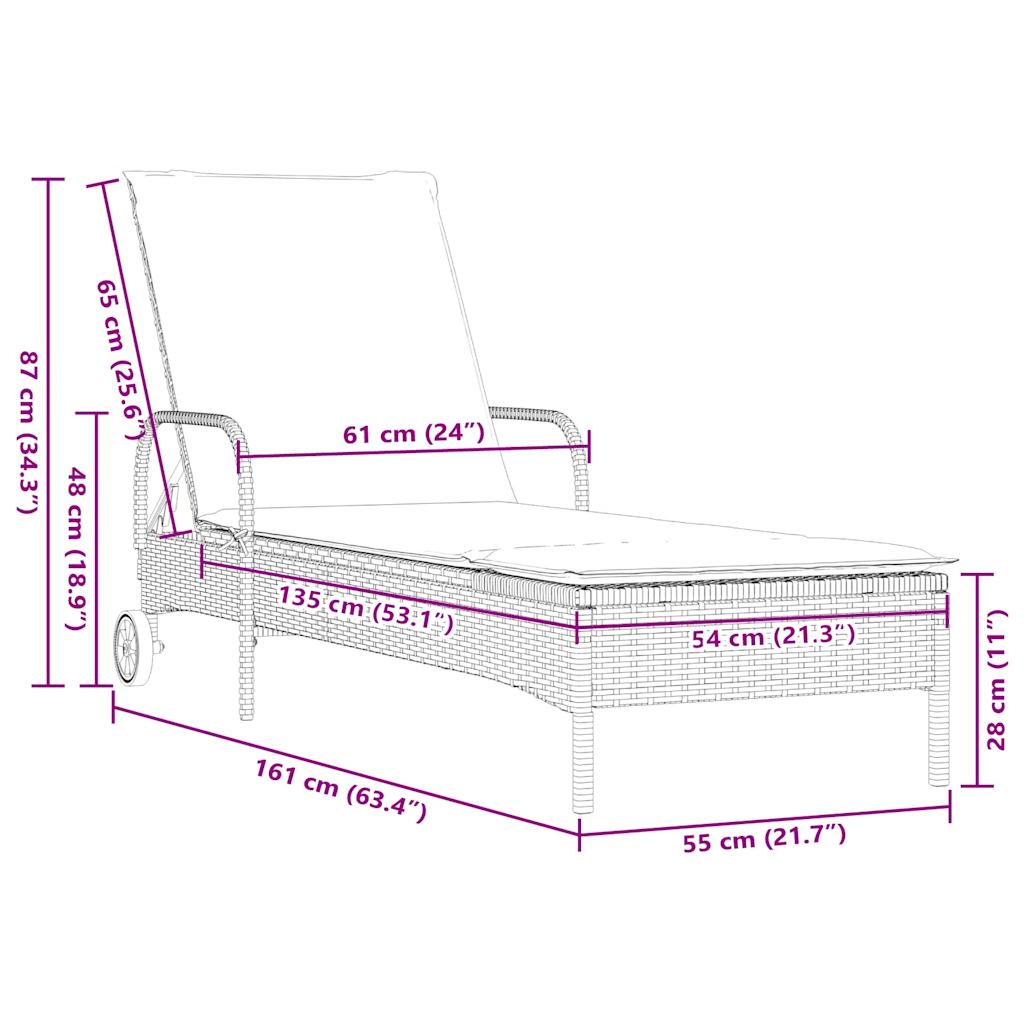liggestol med hjul og hynder sort polyrattan