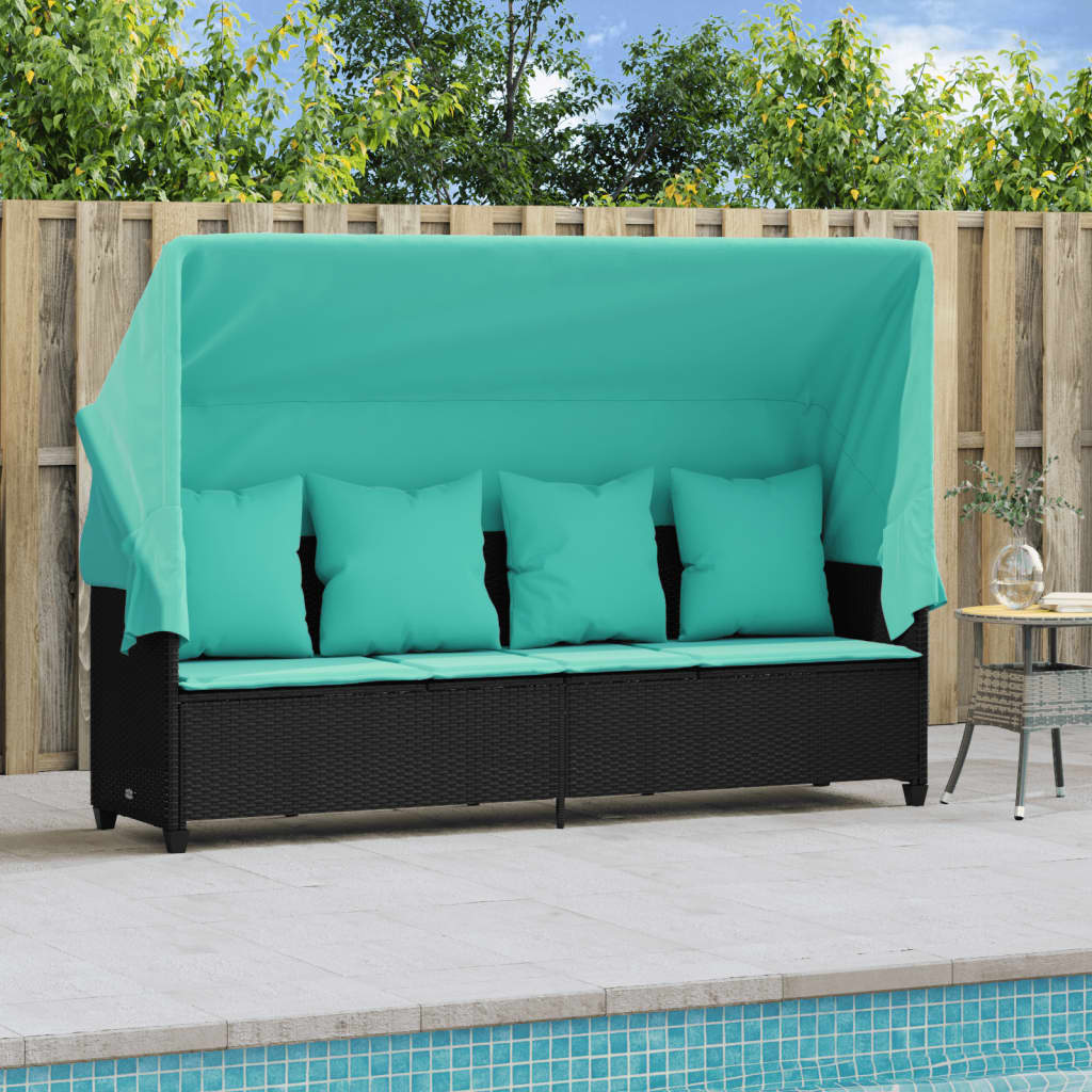 loungesofa med baldakin og hynder polyrattan sort