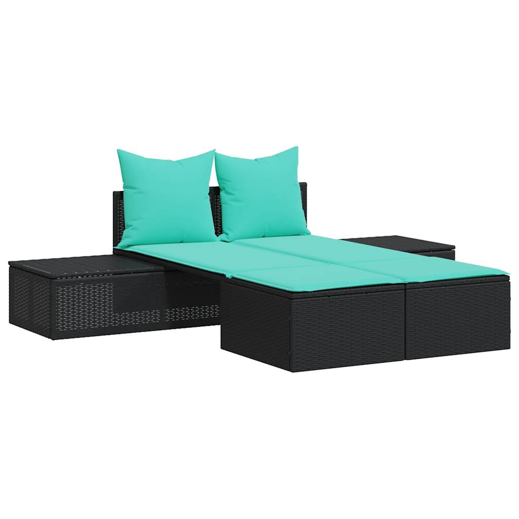dobbelt liggestol med hynder sort polyrattan