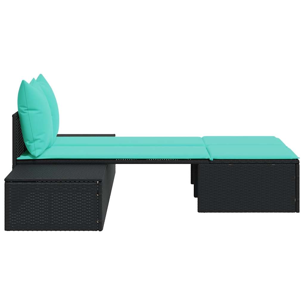 dobbelt liggestol med hynder sort polyrattan