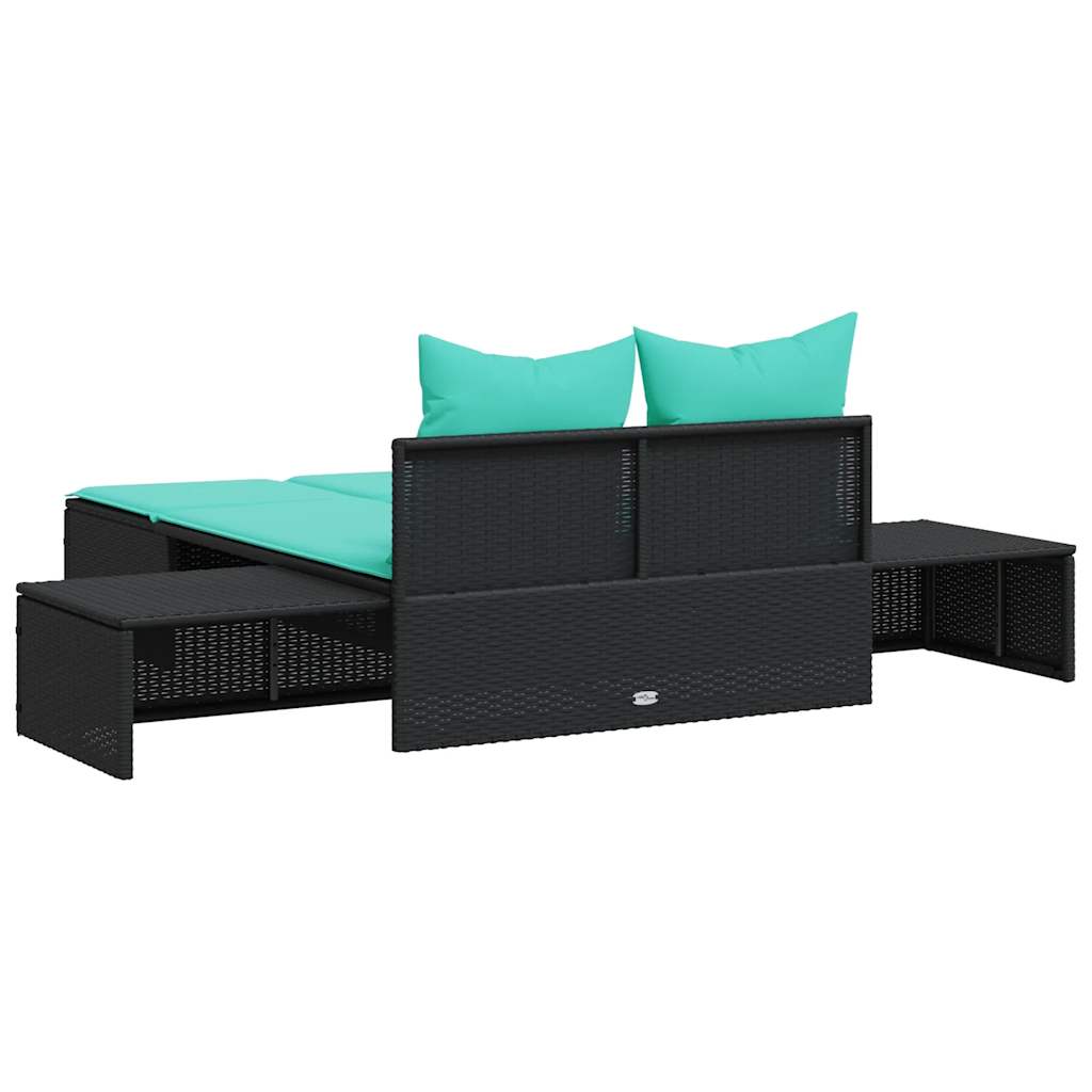 dobbelt liggestol med hynder sort polyrattan