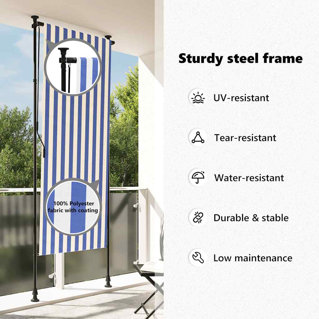 udendørs rullegardin 100x270 cm stof og stål blå og hvid