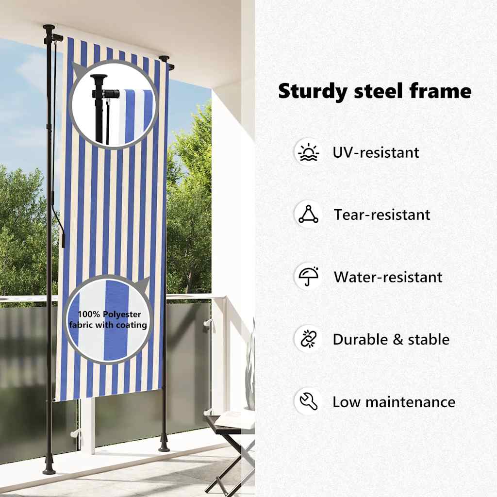 udendørs rullegardin 120x270 cm stof og stål blå og hvid