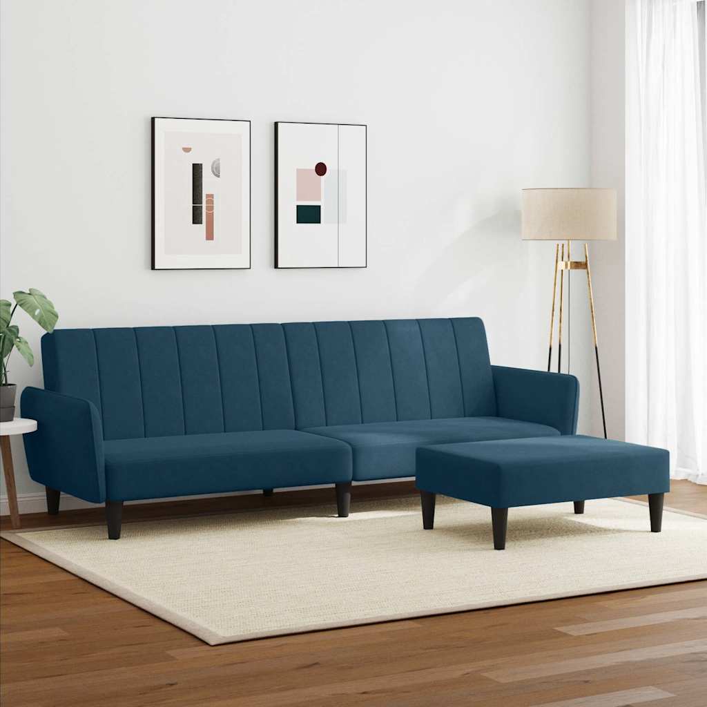2-personers sovesofa med fodskammel velour blå