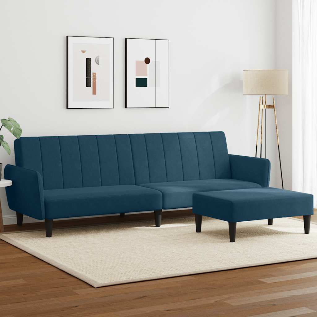 2-personers sovesofa med fodskammel velour blå