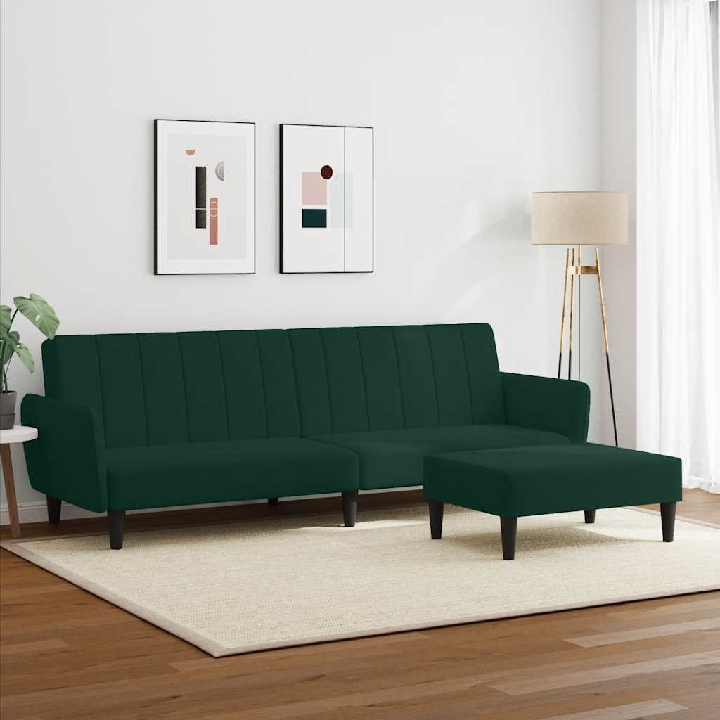 2-personers sovesofa med fodskammel velour mørkegrøn