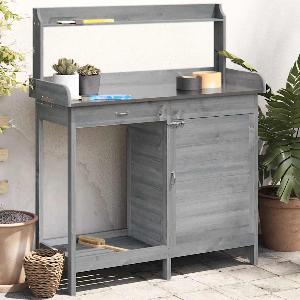 pottebænk med skab 110,5x45x124,5 cm massivt grantræ grå