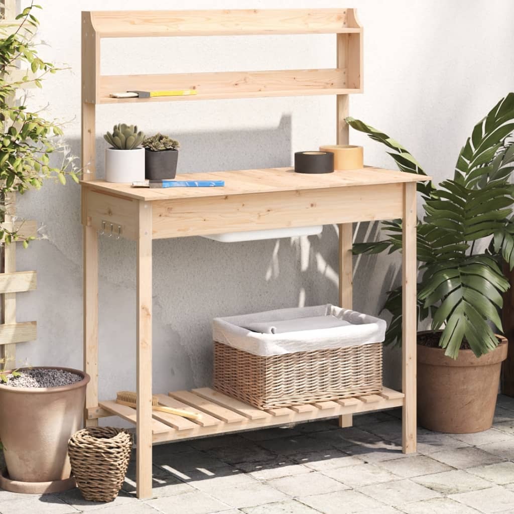 pottebænk med vask 147,5x44x139,5 cm massivt grantræ