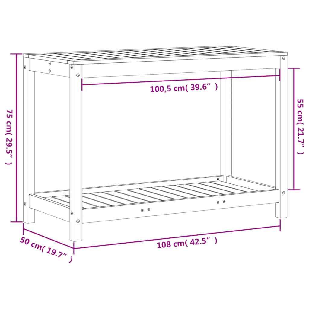 plantebord med hylde 108x50x75 cm massivt fyrretræ