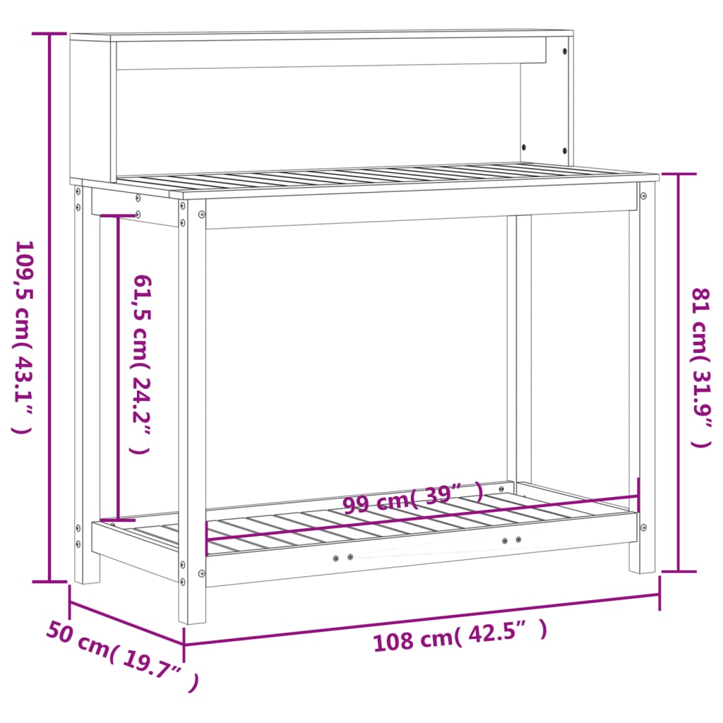 plantebord med hylder 108x50x109,5 cm massivt fyrretræ