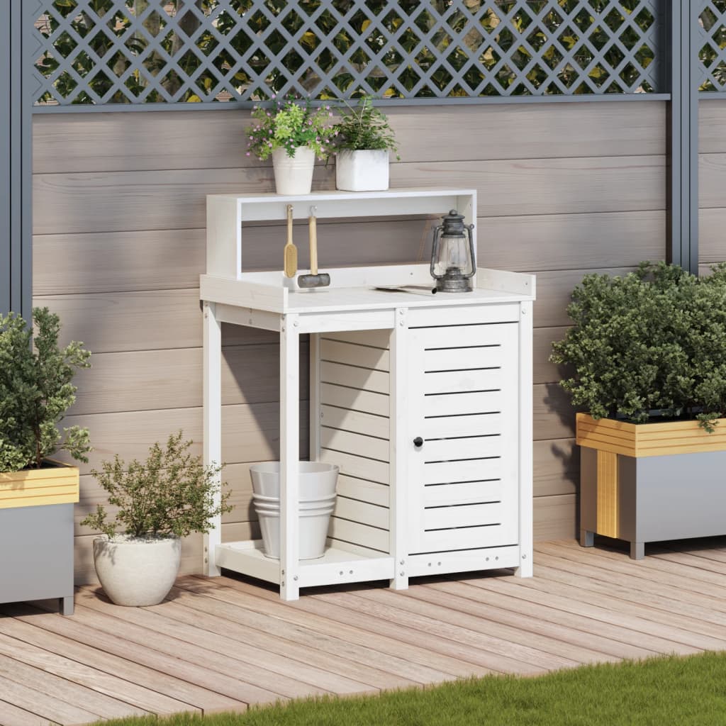 plantebord med hylder 82,5x50x109,5 cm massivt fyrretræ hvid