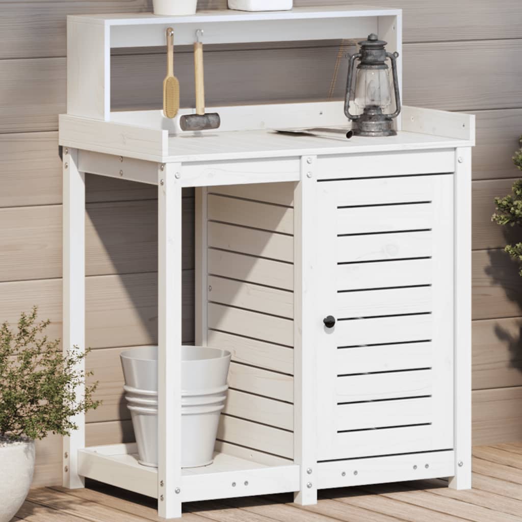 plantebord med hylder 82,5x50x109,5 cm massivt fyrretræ hvid