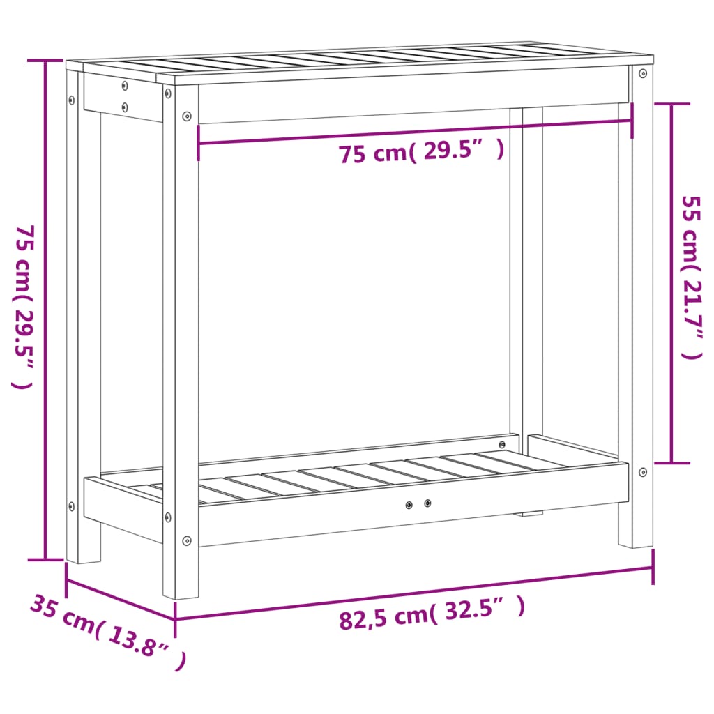 plantebord med hylde 82,5x35x75 cm massivt fyrretræ gyldenbrun