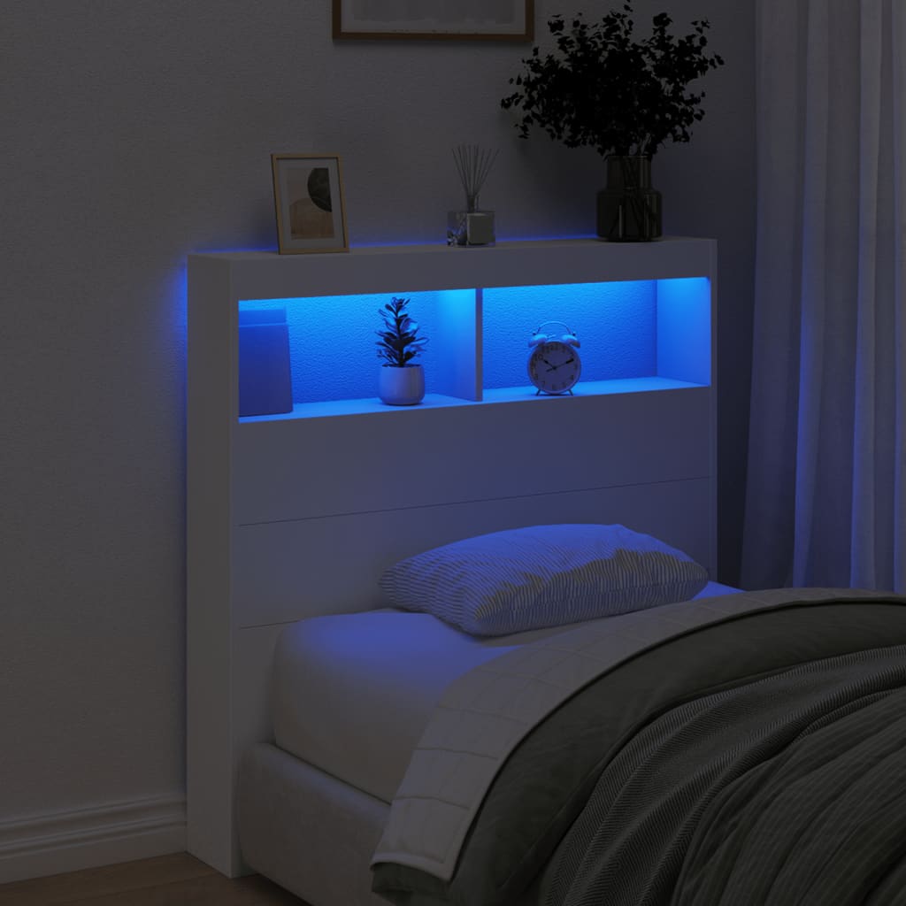 sengegavl med opbevaring og LED-lys 100x17x102 cm hvid