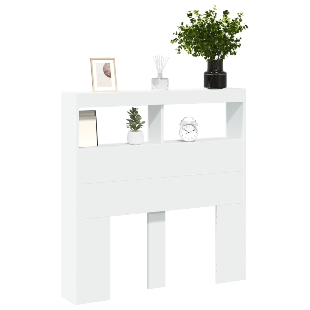 sengegavl med opbevaring og LED-lys 100x17x102 cm hvid