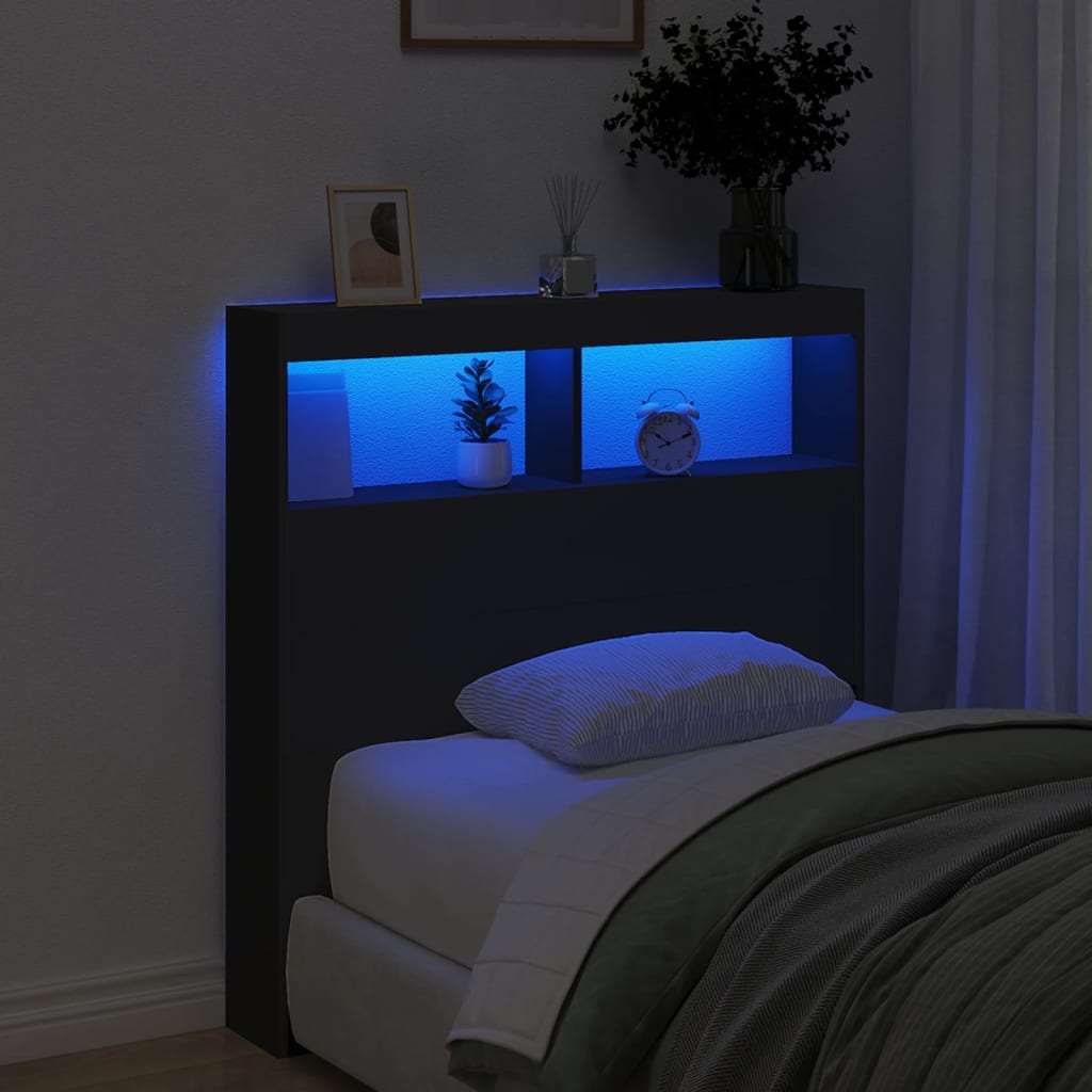 sengegavl med opbevaring og LED-lys 100x17x102 cm sort