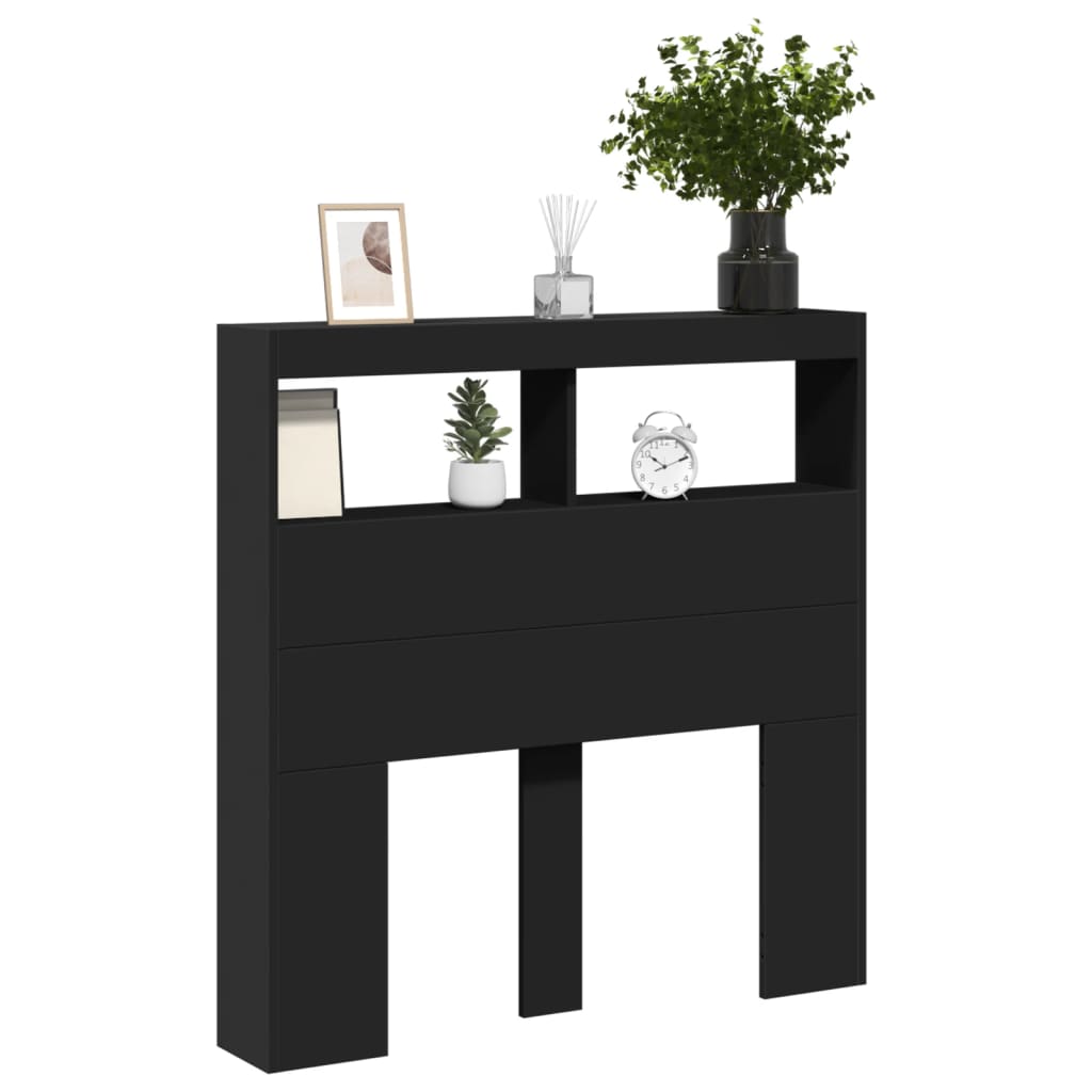 sengegavl med opbevaring og LED-lys 100x17x102 cm sort