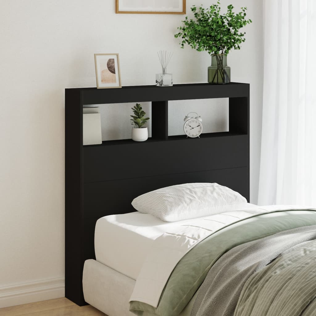 sengegavl med opbevaring og LED-lys 100x17x102 cm sort