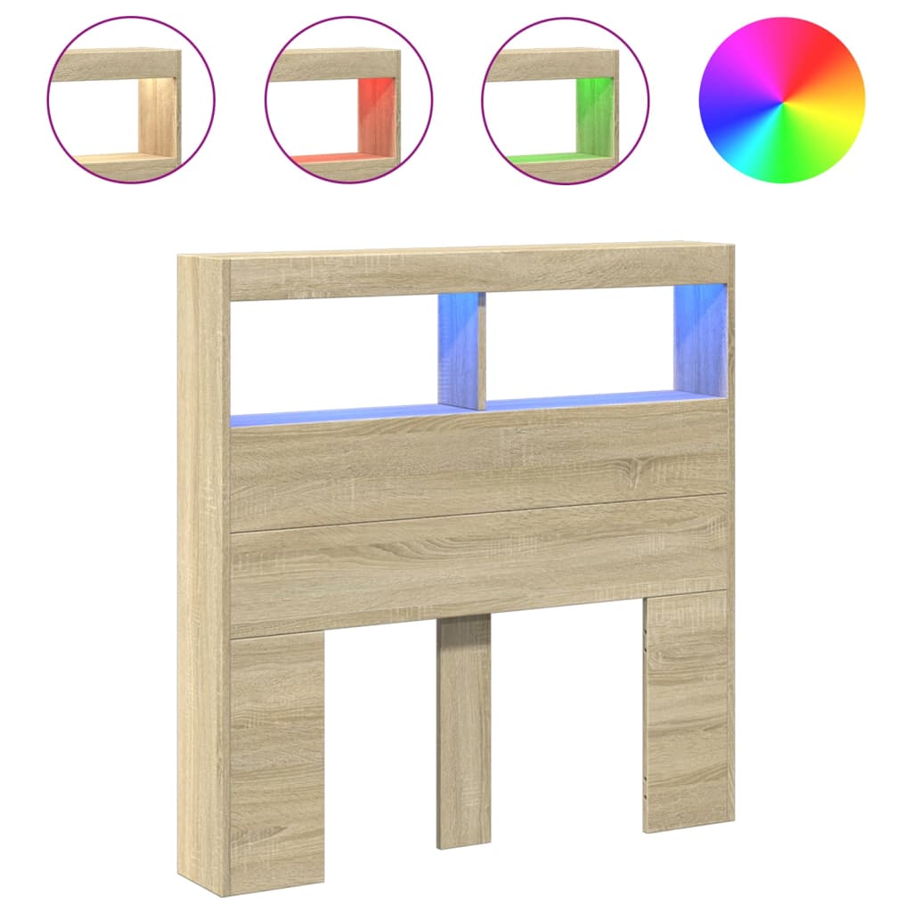 sengegavl med opbevaring og LED-lys 100x17x102 cm sonoma-eg