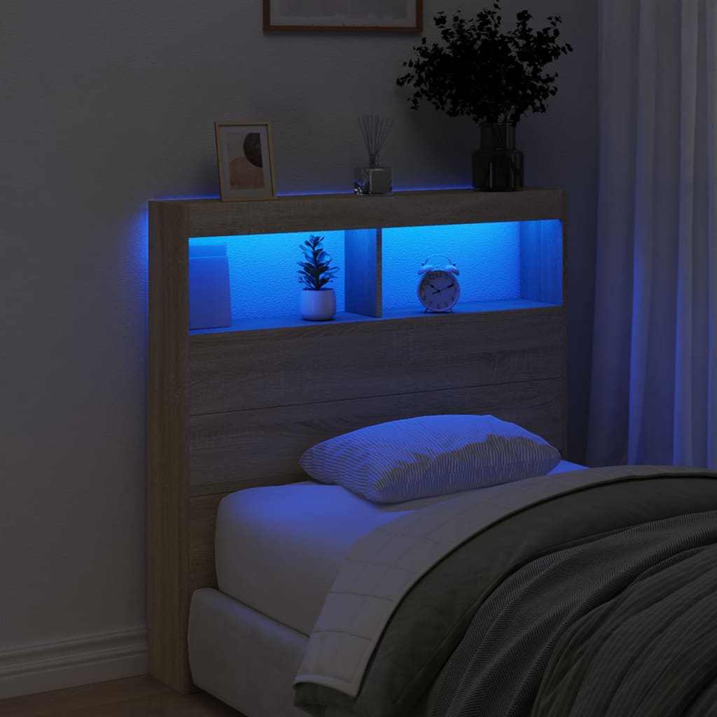 sengegavl med opbevaring og LED-lys 100x17x102 cm sonoma-eg