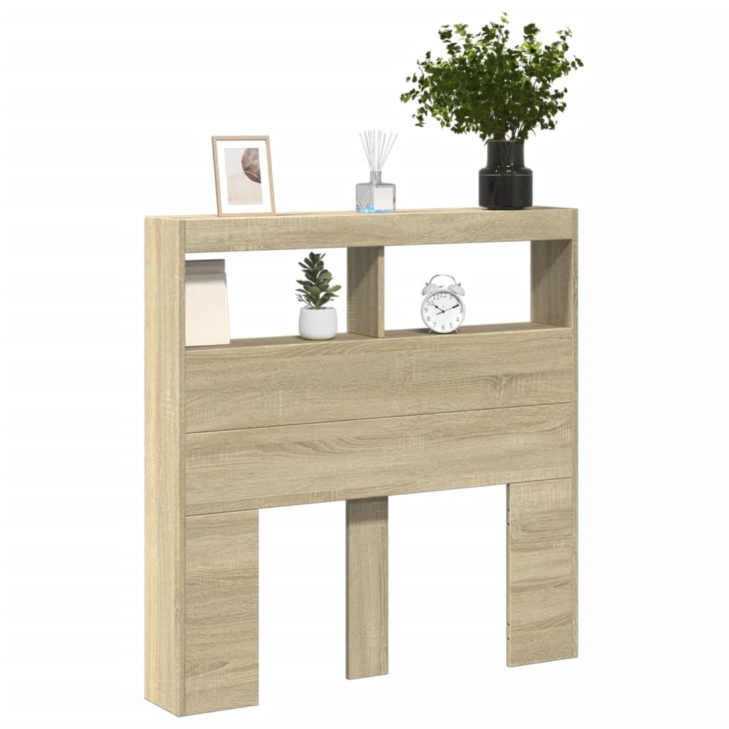 sengegavl med opbevaring og LED-lys 100x17x102 cm sonoma-eg