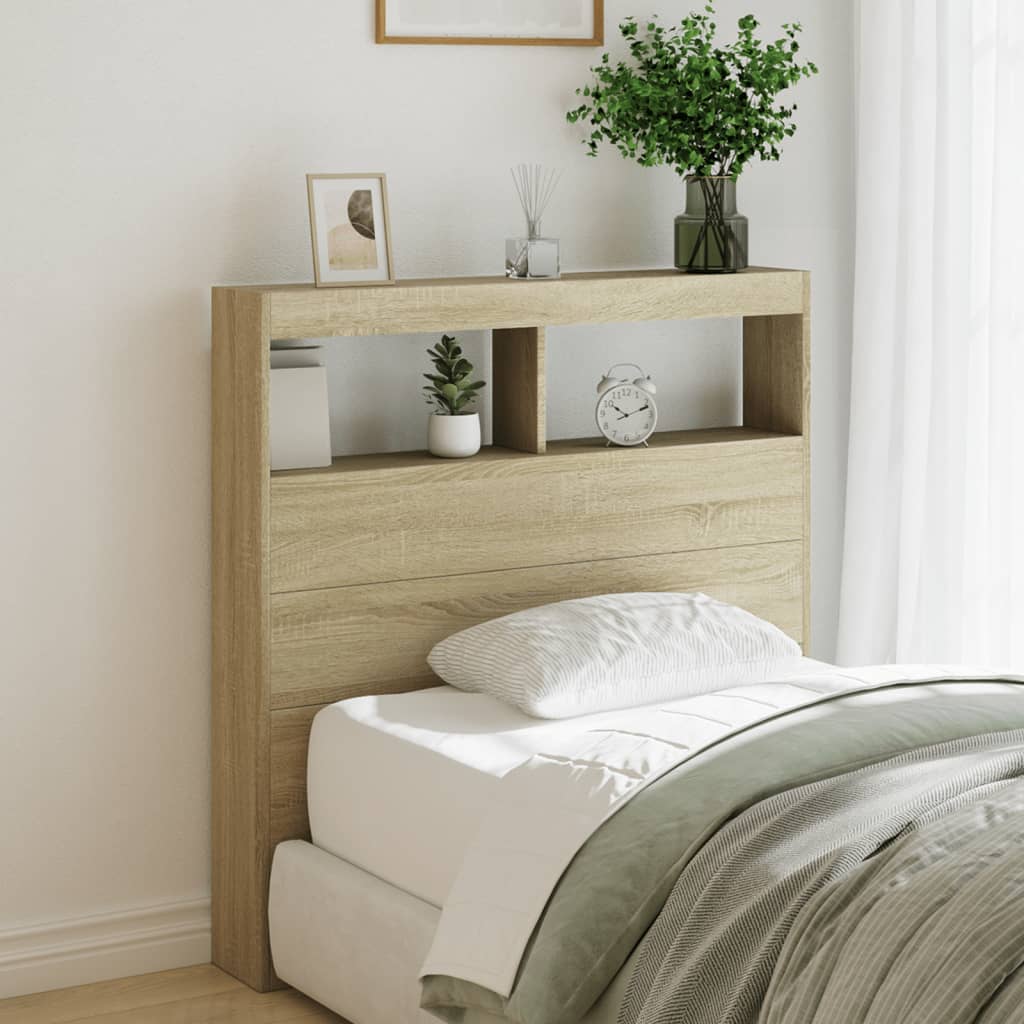 sengegavl med opbevaring og LED-lys 100x17x102 cm sonoma-eg