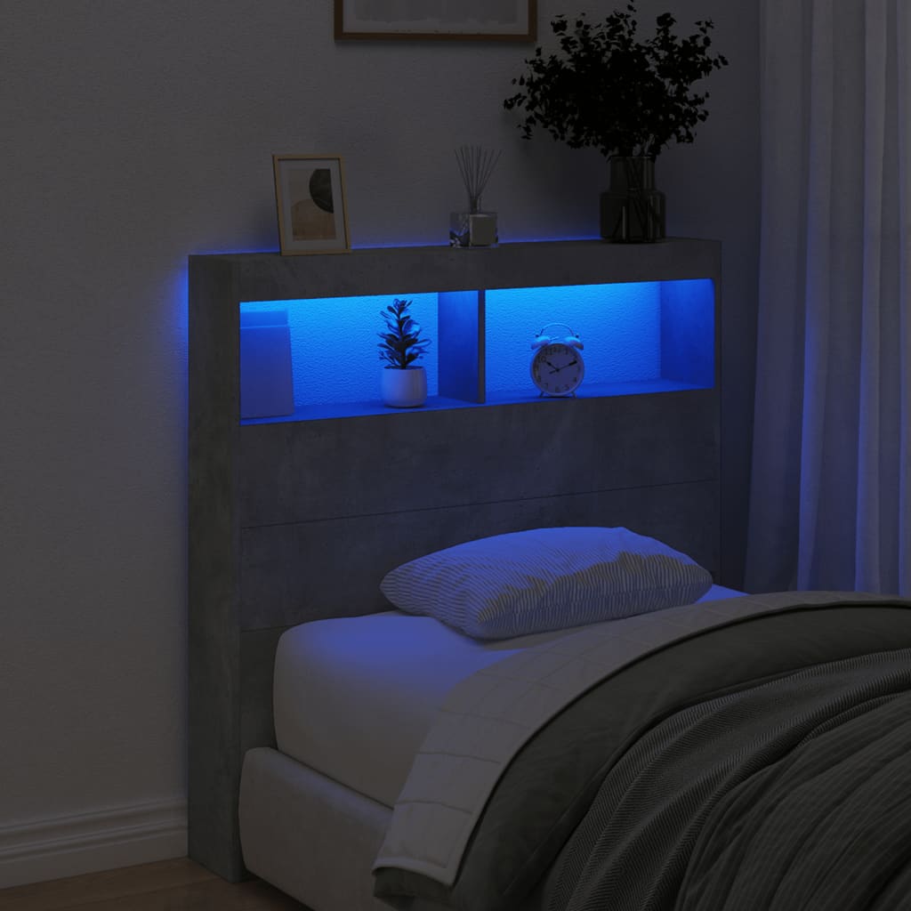 sengegavl med opbevaring og LED-lys 100x17x102 cm betongrå
