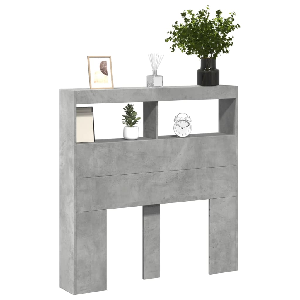 sengegavl med opbevaring og LED-lys 100x17x102 cm betongrå