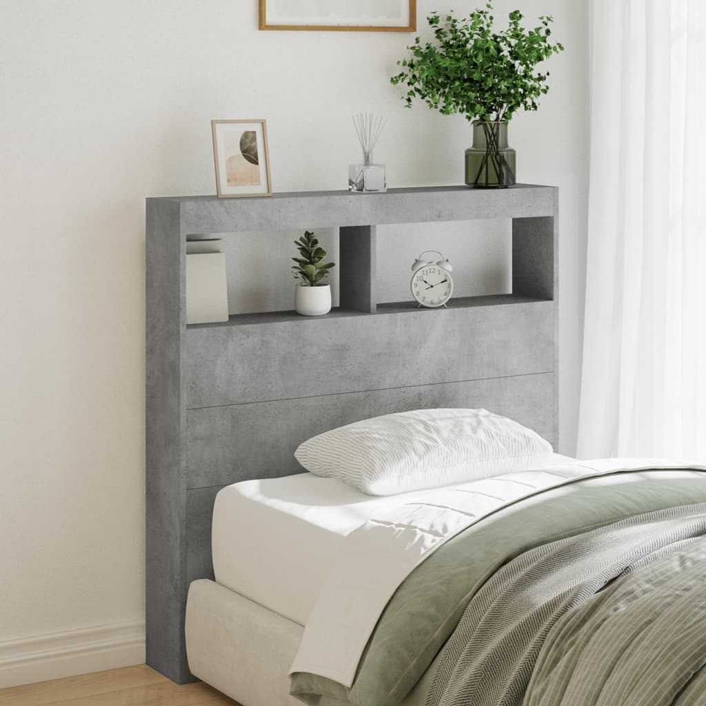 sengegavl med opbevaring og LED-lys 100x17x102 cm betongrå