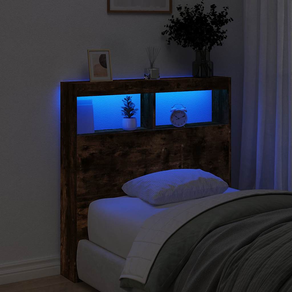 sengegavl med opbevaring og LED-lys 100x17x102 cm røget eg