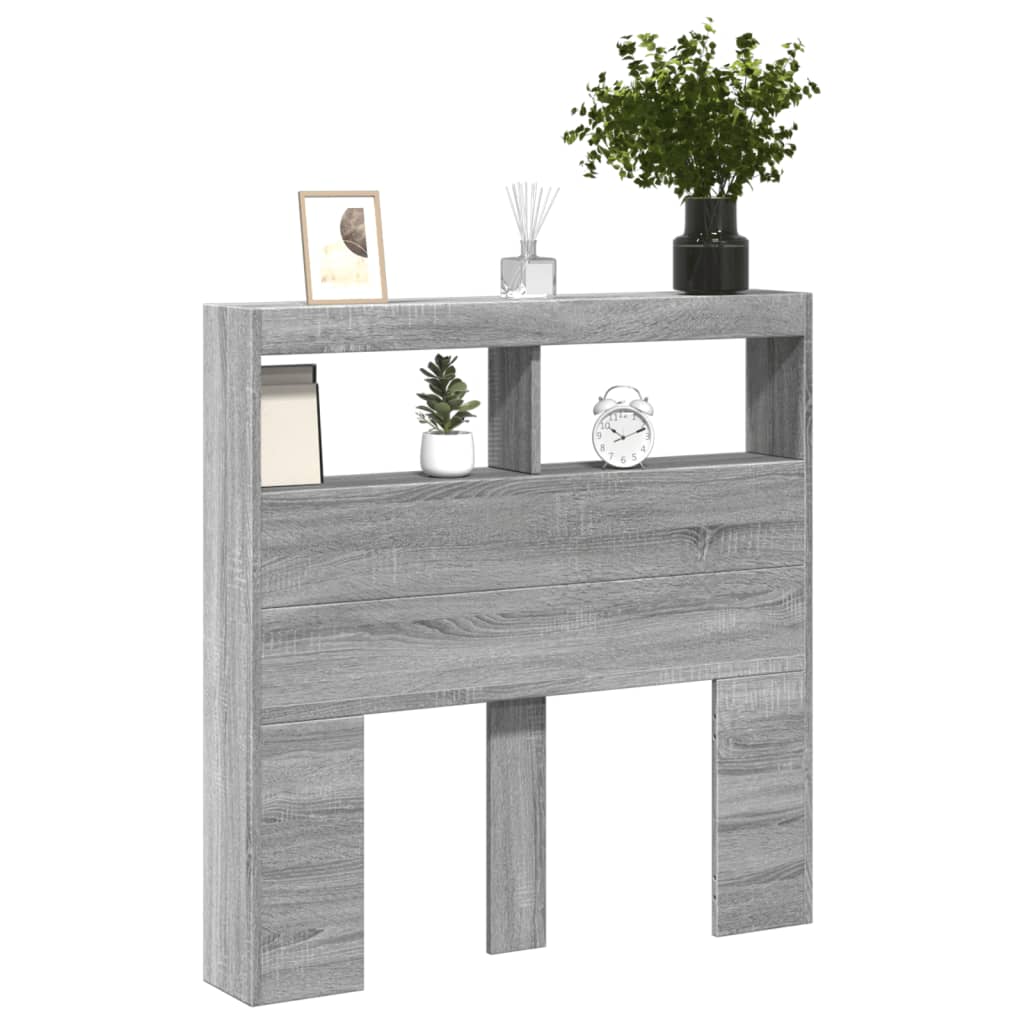 sengegavl med opbevaring og LED-lys 100x17x102 cm grå sonoma-eg
