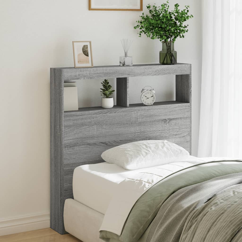 sengegavl med opbevaring og LED-lys 100x17x102 cm grå sonoma-eg