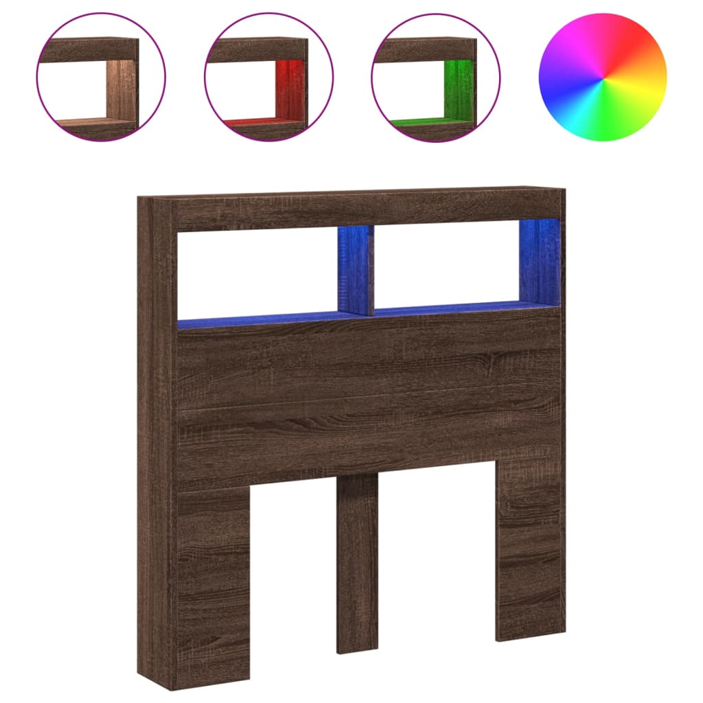 sengegavl med opbevaring og LED-lys 100x17x102 cm brunt eg