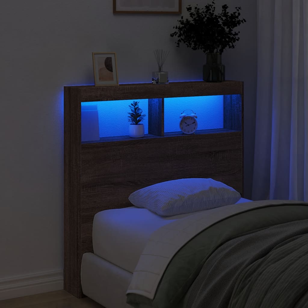 sengegavl med opbevaring og LED-lys 100x17x102 cm brunt eg